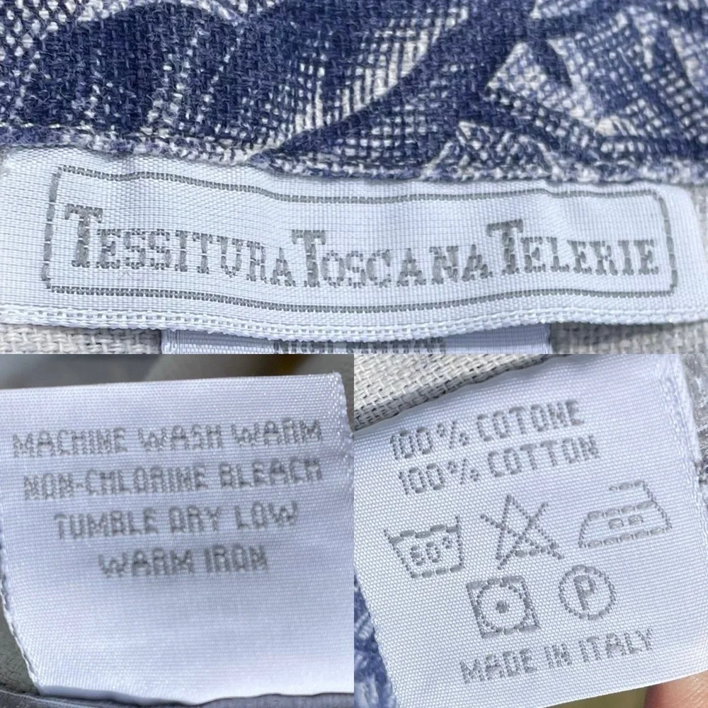 Tessitura Toscana Telerie Italy Cotton Square Tablecloth & 3 Napkins Blue White